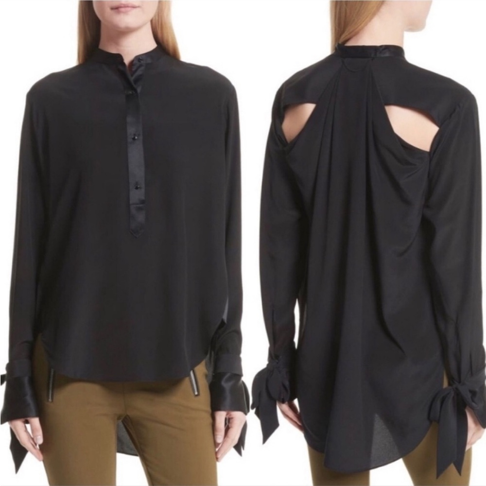 Rag & Bone Dylan Silk Button Up Bow Tie Cuff Cut Out High Low Blouse